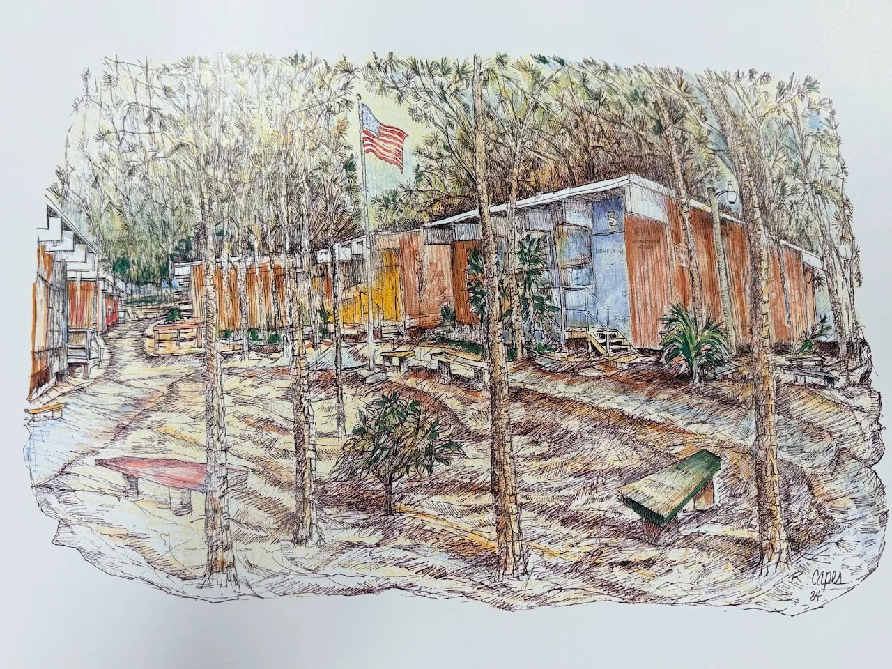 Pine View School campus, 1984, illustrated by Sarasota artist Richard Capes